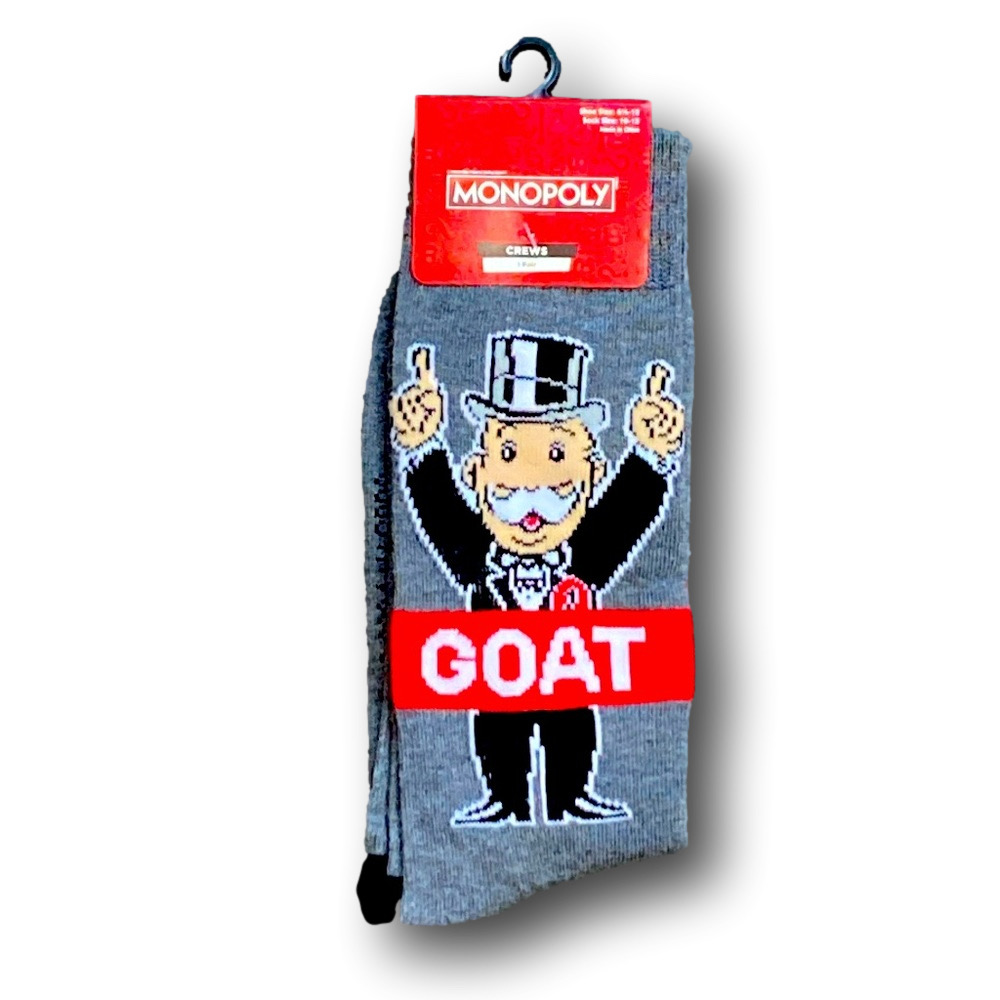 3/$20 Monopoly Man GOAT Board Game Funny Novelty Crew Socks - NWT